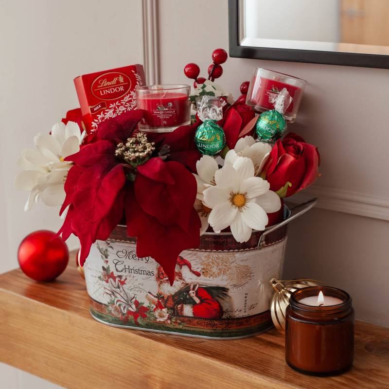 Christmas Silk Flower, Yankee Candle & Chocolate Metal Planter Bouquet